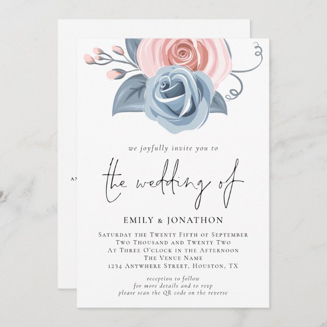 Blush Pink Dusty Blue Florals QR Code Wedding Invitation (Front/Back)