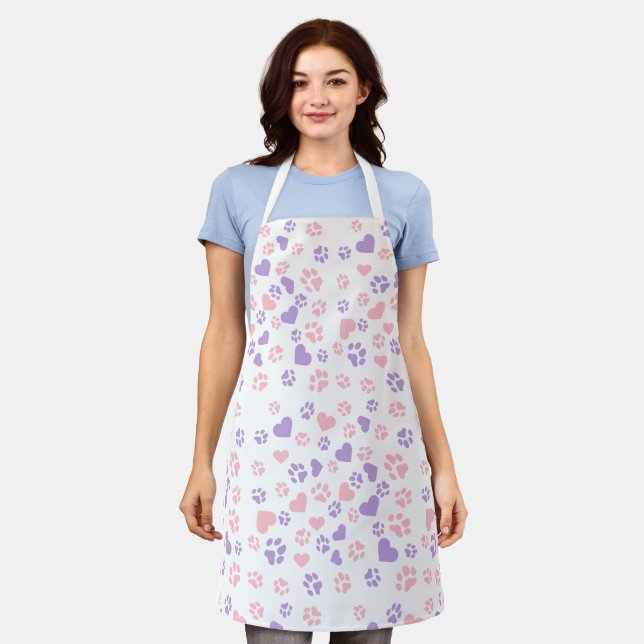 Blush Pink & Dusty Lavender Heart & Cat Paw Print Apron (Worn)