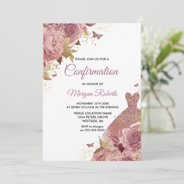 Blush Pink Dusty Rose Dress Confirmation Invitation (Standing Front)