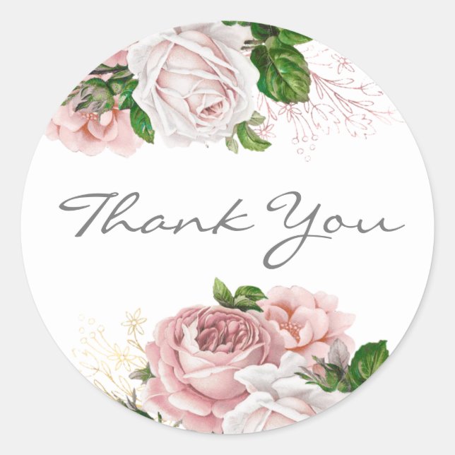 Blush Pink Dusty Rose Floral White Thank You Classic Round Sticker (Front)