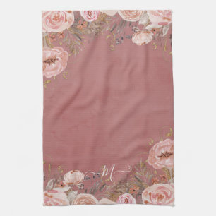 Blush Pink Dusty Rose Watercolor Floral Monogram Tea Towel