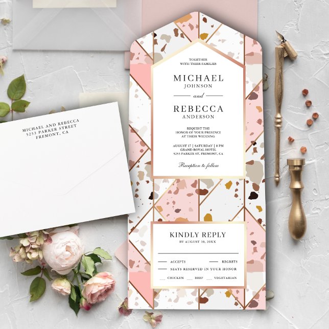 Blush Pink Earthy Geometric Terrazzo Wedding All In One Invitation (Creator Uploaded)