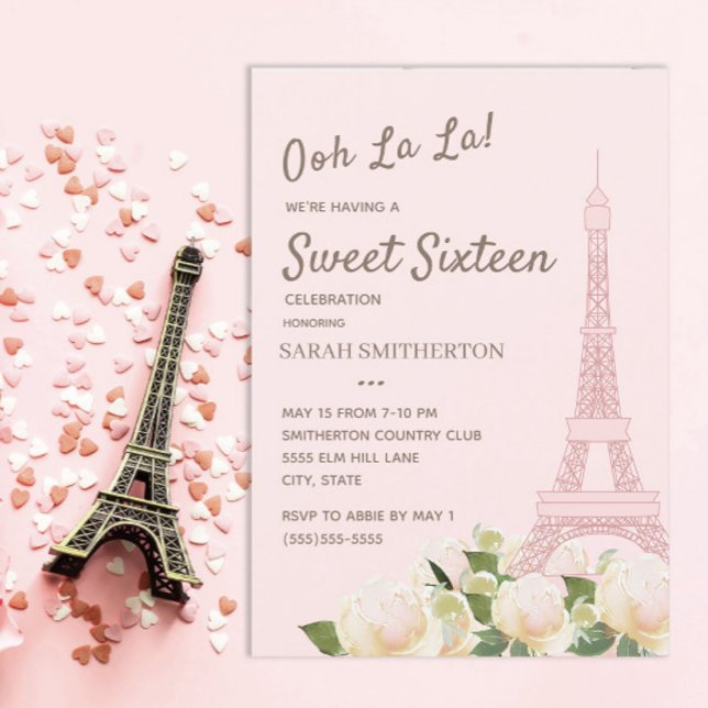 Blush Pink Eiffel Tower White Floral Sweet 16 Invitation (Blush pink Eiffel Tower/Paris Sweet 16 birthday party invitation)