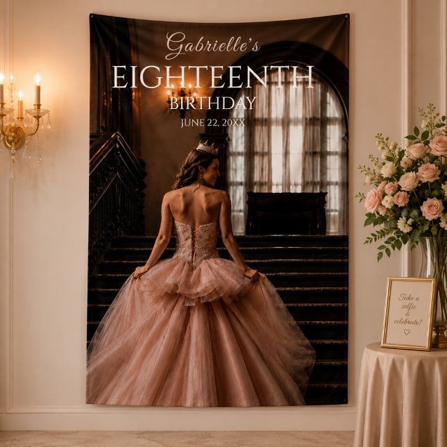 Blush Pink Eighteenth Birthday Backdrop Banner (Luxury staircase-inspired birthday backdrop for elegant debut celebrations)