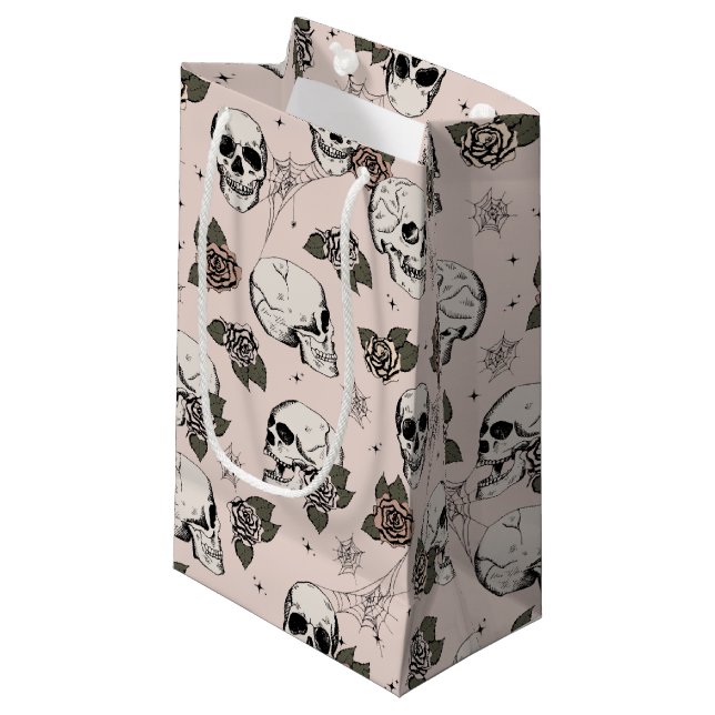 Blush Pink Elegant Dark Halloween Skull Small Gift Bag (Front Angled)