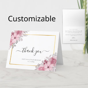 Blush Pink Elegant Floral Gold Frame Wedding Thank You Card