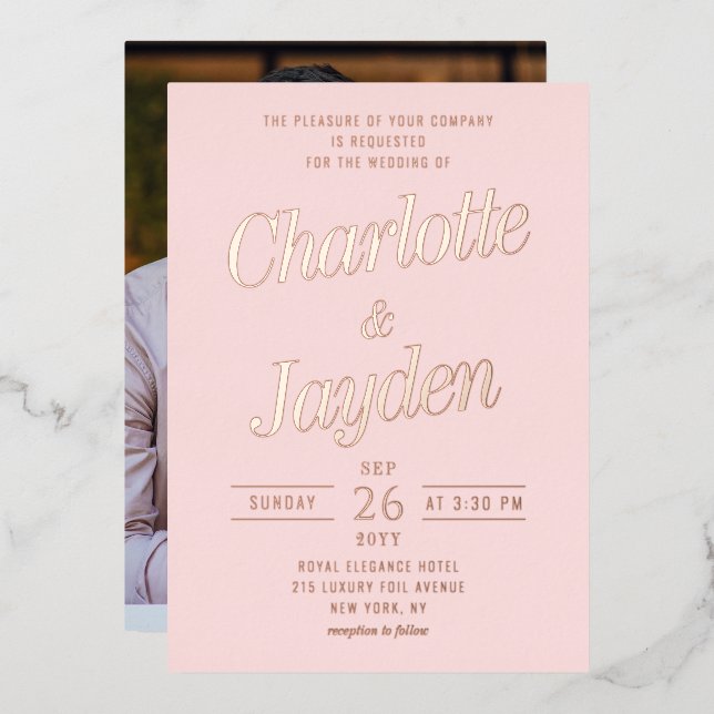 Blush Pink Elegant Foil Script Photo Wedding (Front/Back)