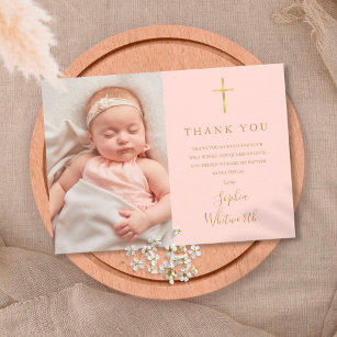 Blush Pink Elegant Gold Baptism Christening Photo Thank You Card