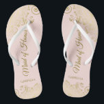 Blush Pink Elegant Gold Lace Maid of Honour Weddin Thongs<br><div class="desc">These beautiful wedding flip flops are a great way to thank and recognise your Maid of Honour while saving her feet at the same time. Features an elegant design with golden lace frills on a pale blush pink background and fancy gold coloured script lettering. The test reads Maid of Honour...</div>