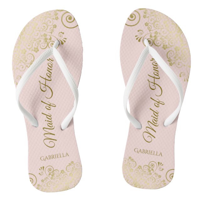 Blush Pink Elegant Gold Lace Maid of Honour Weddin Thongs (Footbed)