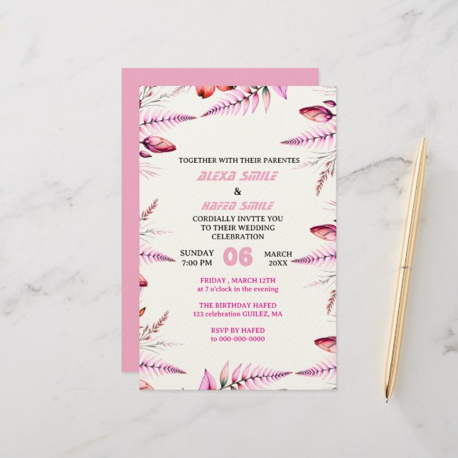 Blush Pink  Elegant Gold Wedding Invitation , Whit Stationery (Front/Back In Situ)