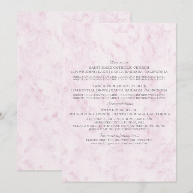 Blush Pink Elegant Marble Wedding Information Invitation (Front/Back)