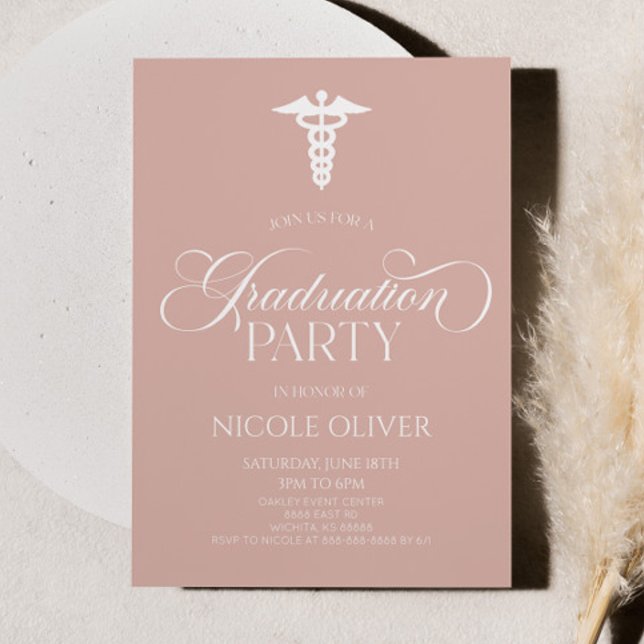 Blush Pink Elegant Medical Caduceus Graduation Invitation (Creator Uploaded)
