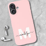 Blush Pink Elegant Minimal Name Monogram iPhone 16 Case<br><div class="desc">Personalised Blush Pink Initial Monogram Phone Case. Add a touch of elegance and femininity to your phone with this stylish personalised phone case. Featuring a soft blush pink background, a crisp white initial letter, and a sleek black script name, this design brings a luxurious, modern look to your everyday accessories....</div>
