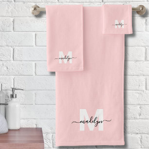 Blush Pink Elegant Minimal Script Name Monogram Bath Towel Set