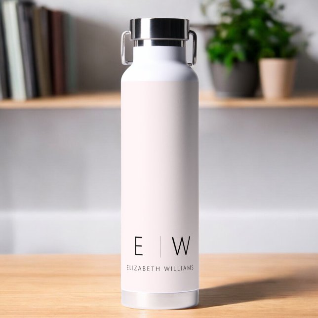 Blush Pink Elegant Modern Minimalist Monogram Name Water Bottle (Creator Uploaded)