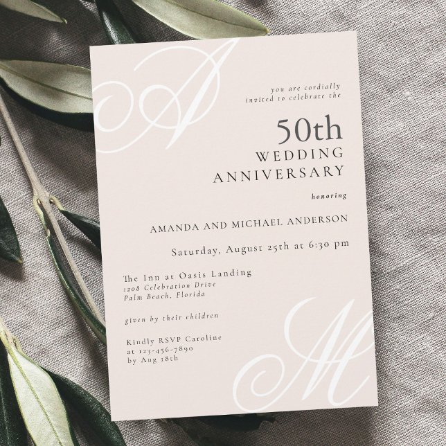 Blush Pink Elegant Monogram 50th Anniversary Invitation (Available as printed or digital download invitations!)