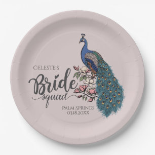 Blush Pink Elegant Peacock Bride Squad Paper Plate