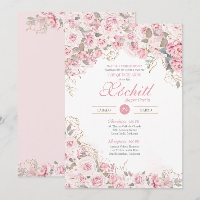 Blush Pink Elegant Rose Garden Blossom Quinceanera Invitation (Front/Back)