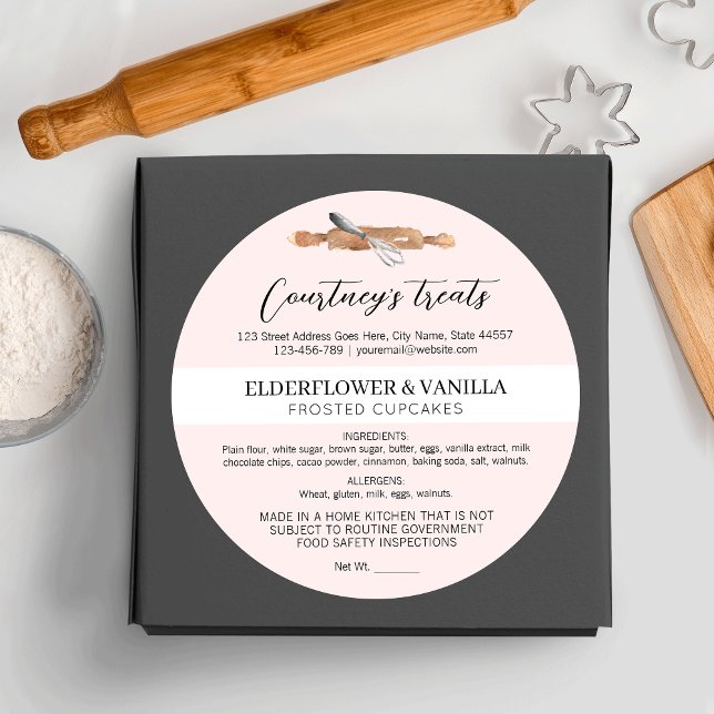 Blush Pink Elegant Script Home Bakery Ingredients Classic Round Sticker (Add the finishing touch to your dessert boxes with this blush pink cottage law food sticker)