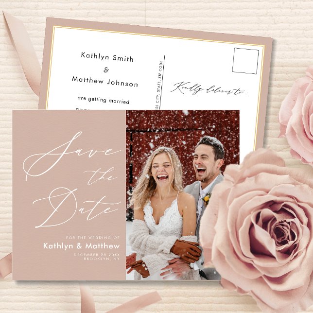 Blush Pink Elegant Script Wedding Save The Date Announcement Postcard (Creator Uploaded)