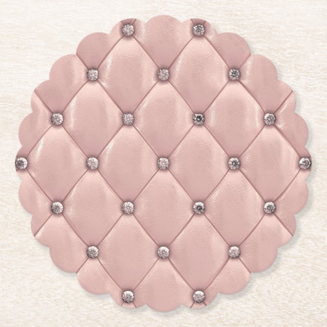 Blush Pink Elegant Tufted Metallic Leather Paper Coaster (Front)