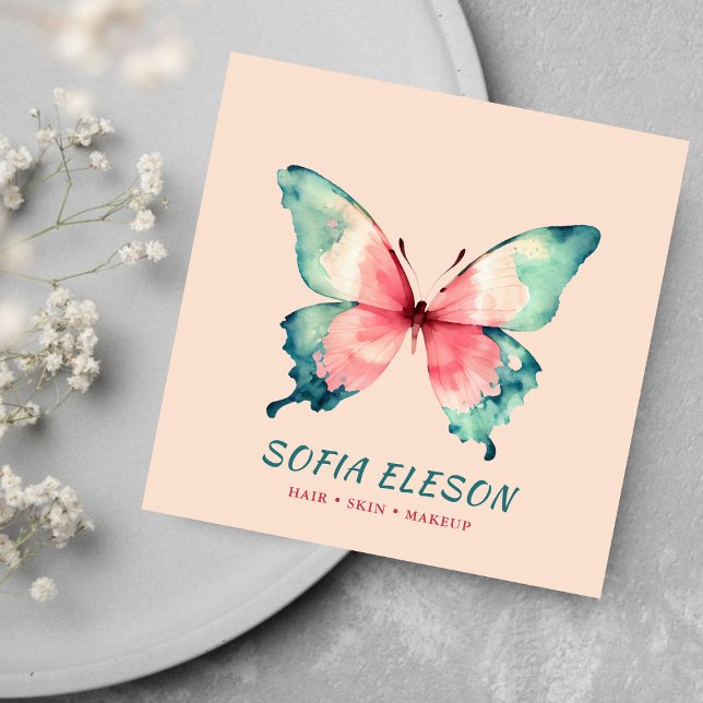 Blush Pink Elegant Watercolor Butterfly Beauty  Square Business Card (Creator Uploaded)