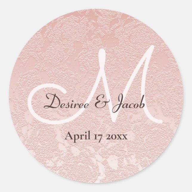 Blush Pink Elegant Wedding Monogram Classic Round Sticker (Front)
