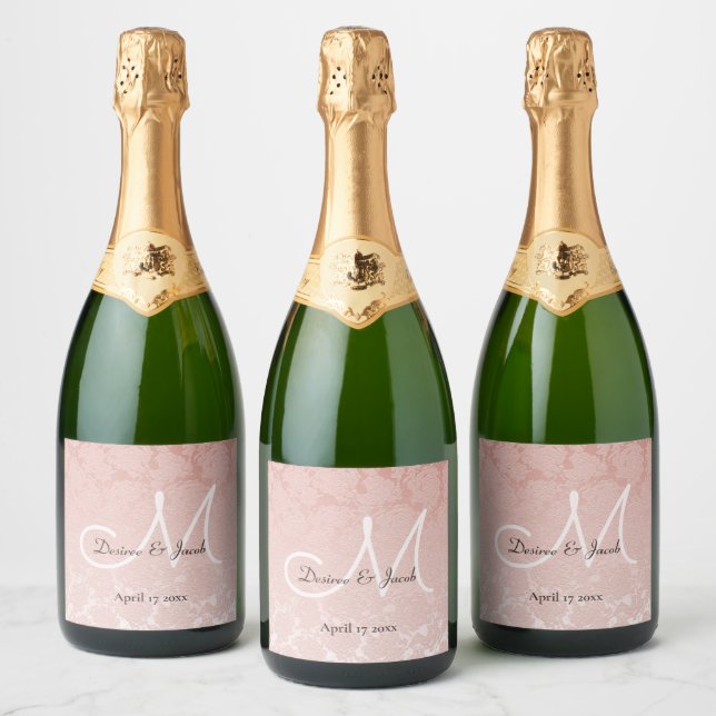 Blush Pink Elegant Wedding Reception Monogram Sparkling Wine Label (Bottles)