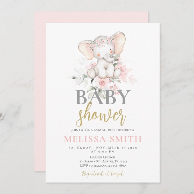 Blush Pink Elephant Baby Shower girl Invitation (Front/Back)