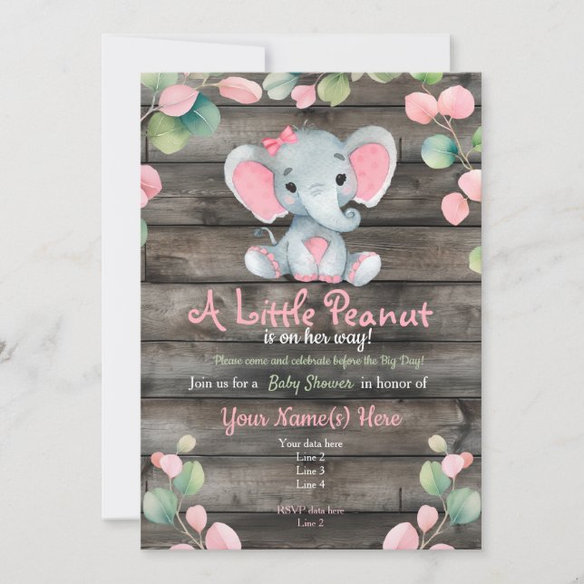 Blush Pink Elephant Baby Shower invitation, rustic Invitation (Front)