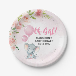 Blush Pink Elephant Baby Shower Paper Plate