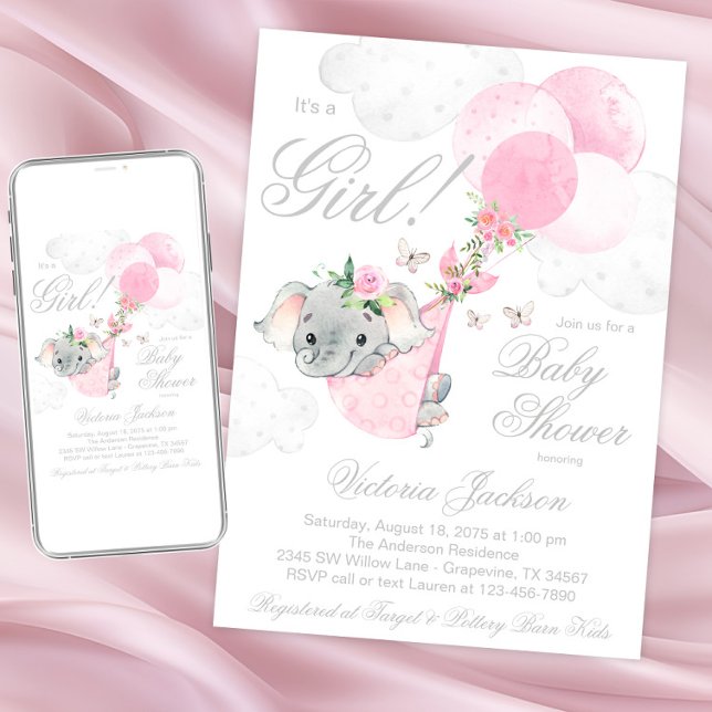 Blush Pink Elephant Balloons Butterfly Baby Shower Invitation (Sweet girl elephant baby shower invitations. Instant download and printed invitations available.)