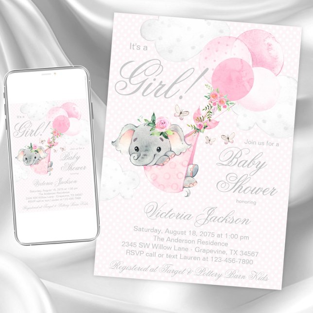 Blush Pink Elephant Balloons Butterfly Baby Shower Invitation (Girl elephant baby shower invitation. Instant download and printed invitations available.)