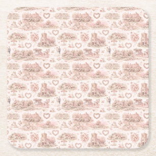 Blush Pink English Village Wedding Watercolor Square Paper Coaster