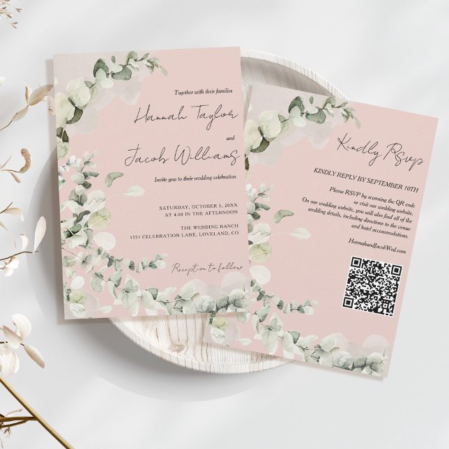Blush PInk Eucalyptus QR Code Wedding Invitation (qr code wedding invitation with rsvp blush pink)