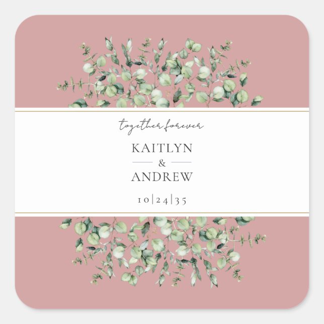Blush Pink Eucalyptus Together Forever Wedding  Square Sticker (Front)