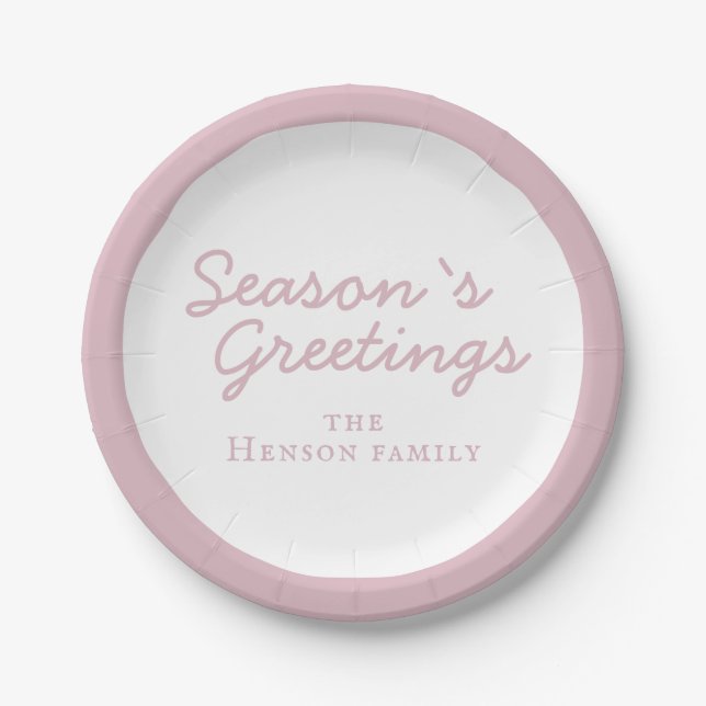 Blush Pink Family Season Greetings Script Holiday Paper Plate (Front)