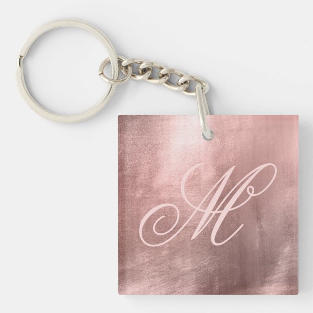 Blush Pink Fancy Monogram Rose Gold Foil Photo Key Ring (Front)