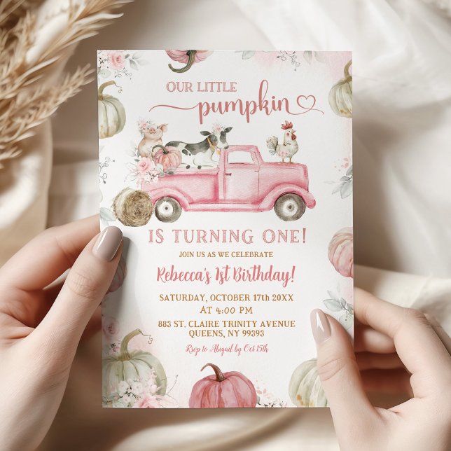 Blush Pink Farm Pumpkin Truck 1st Birthday Invitation (Creator Uploaded)