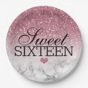 Blush Pink Faux Glitter/Marble Sweet 16 Paper Plate
