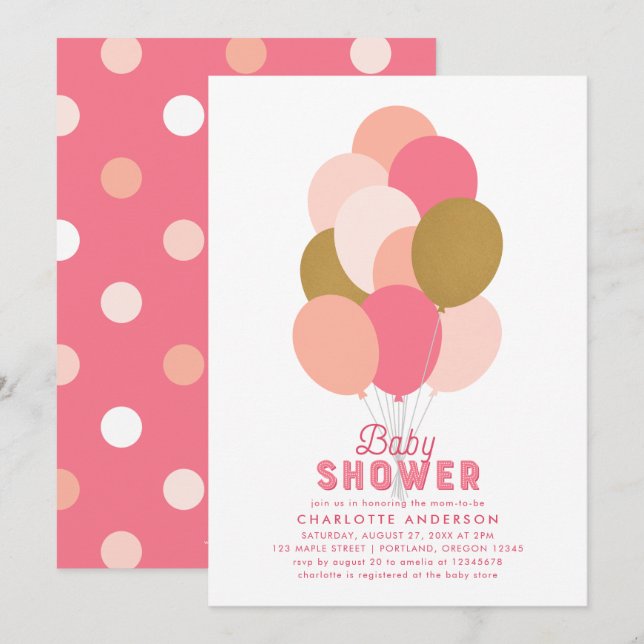 Blush Pink Faux Gold Balloons Baby Shower Invitation (Front/Back)