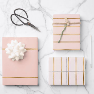 Blush Pink Faux Gold Stripe Pattern Wrapping Paper Sheet