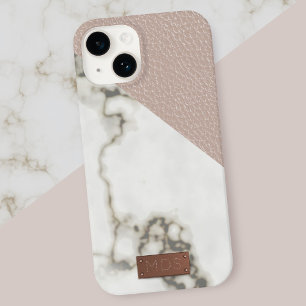 Blush Pink Faux Leather Marble Rose Gold Monogram iPhone 15 Case