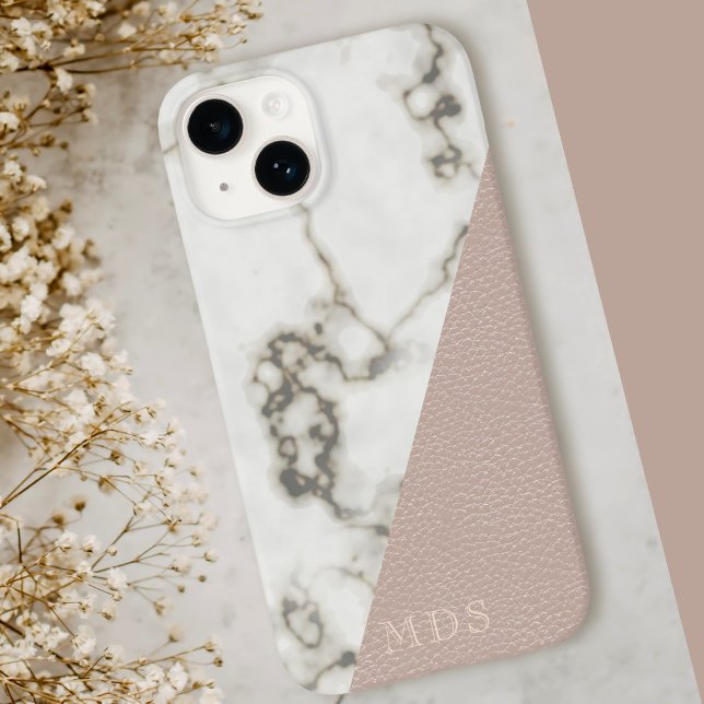 Blush Pink Faux Leather Modern Marble Monogram Case-Mate iPhone Case (A blush pink and marble look phone case with space for your initials)