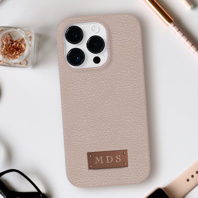 Blush Pink Faux Leather Rose Gold Monogram Case-Mate iPhone Case (A pretty blush pink faux leather look phone case with a faux rose gold plate for your initials)