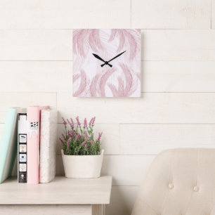 Blush Pink Feather Palm Bliss 1 Square Wall Clock