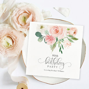 Blush Pink Feminine Floral 80th Birthday Party Napkin