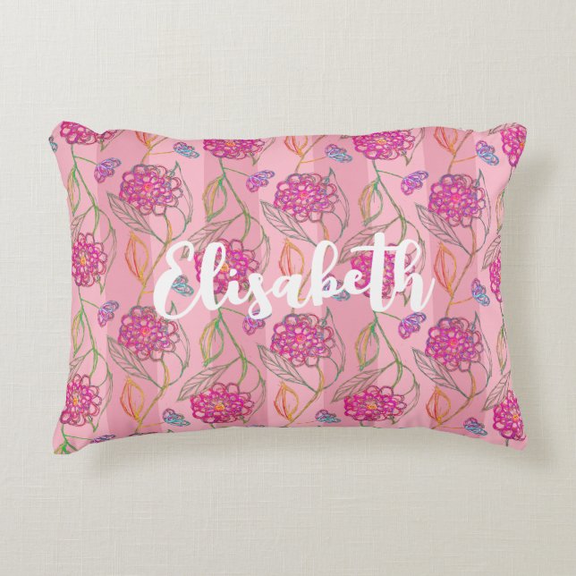  Blush Pink Feminine Floral Striped Print Add Name Decorative Cushion (Front)