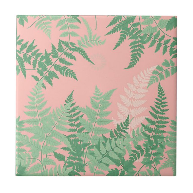 Blush Pink Fern Leaf Botanical Sage Green Modern  Ceramic Tile (Front)